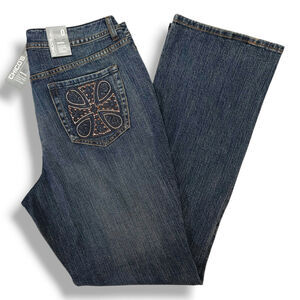 Chico's Platinum High Rise Bootcut Jeans Embroidered Studded Indigo 2 [12]R NWT